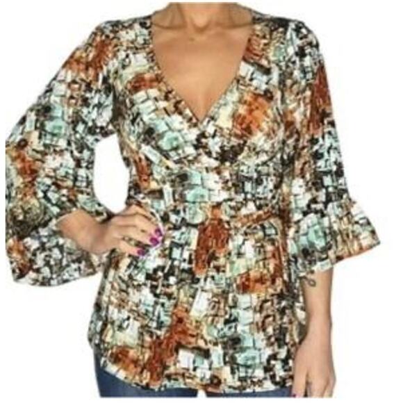 Betsey Johnson Abstract Art Wrap Top Womens Large Tie Front Flare Bell Sleeve - Picture 2 of 8